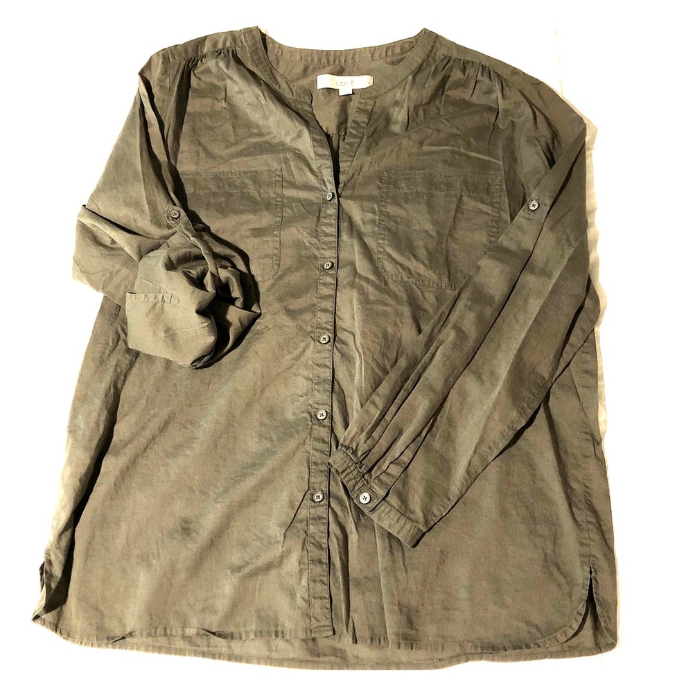 Dark green collarless button down